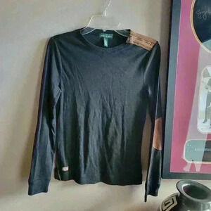Lauren Jeans Ralph Lauren Black Cotton Sweater Suede Elbow Patches Medium Zipper